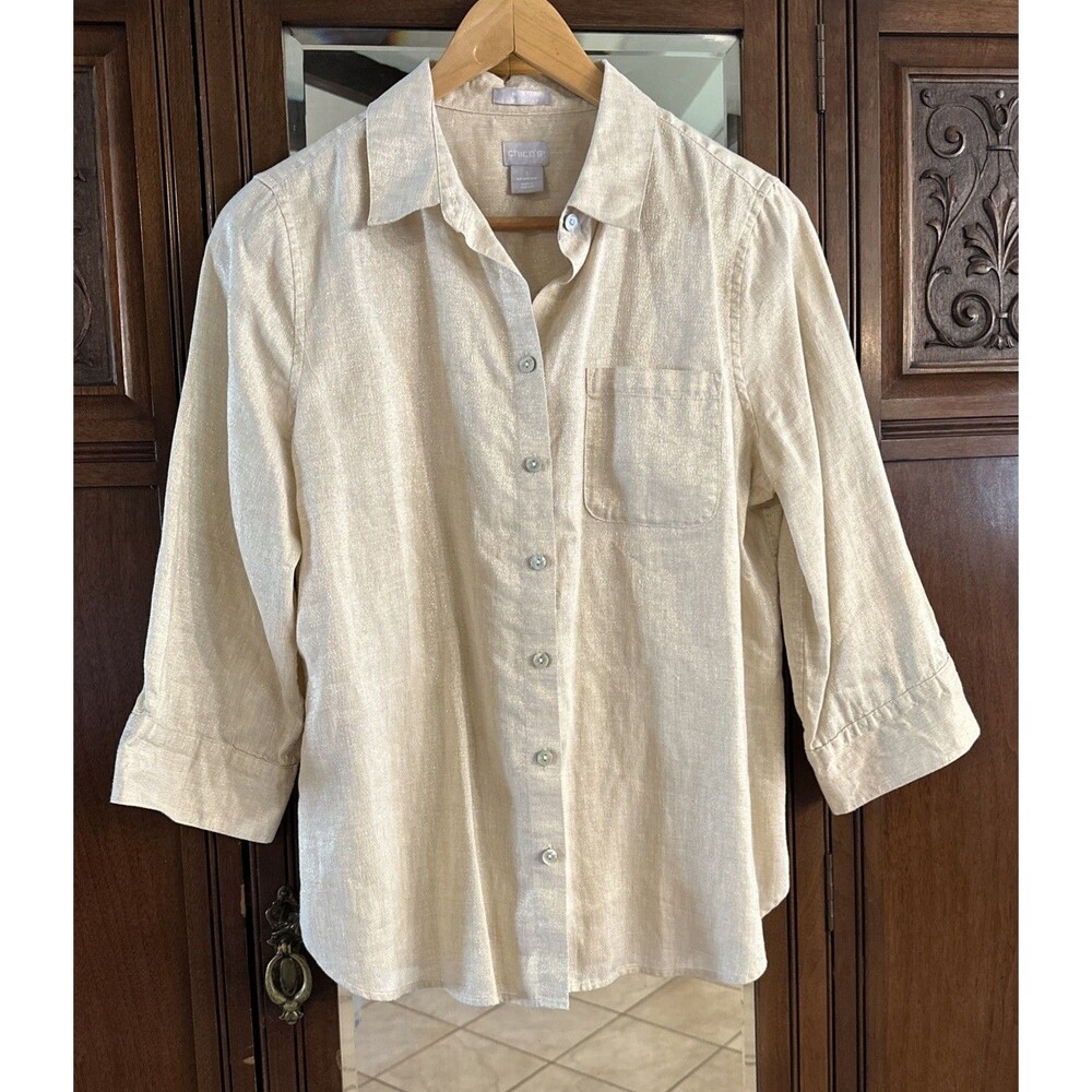 Chico's No Iron Metallic Shimmer Linen Button Down Shirt Cream Size 1 Med